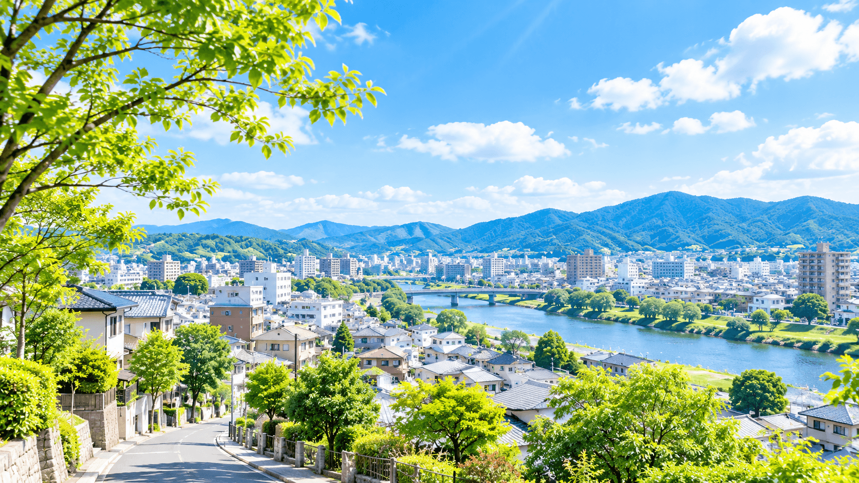 緑と川に囲まれた明るい街並み
